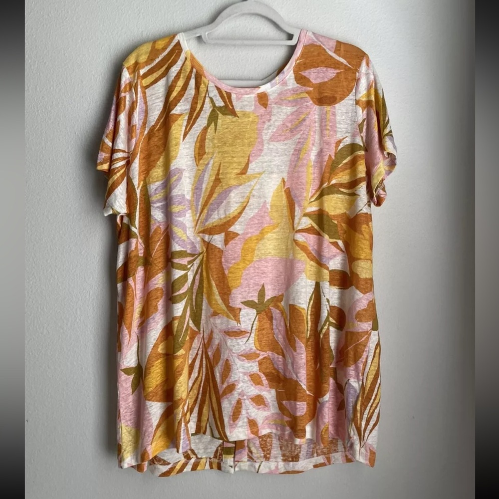 NEW C&C California Women’s 2X 100% Linen Leaf Tropical Short Sleeve Top